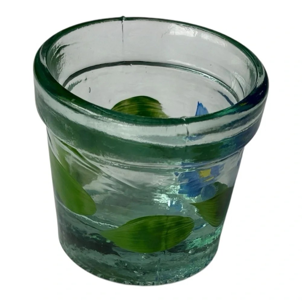 Crate & Barrel Green Glass Votive Tea Light Candle Holder Flower Hand Painted